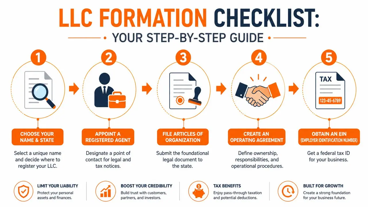 A five-step checklist infographic illustrating the process of forming a Limited Liability Company for business owners.