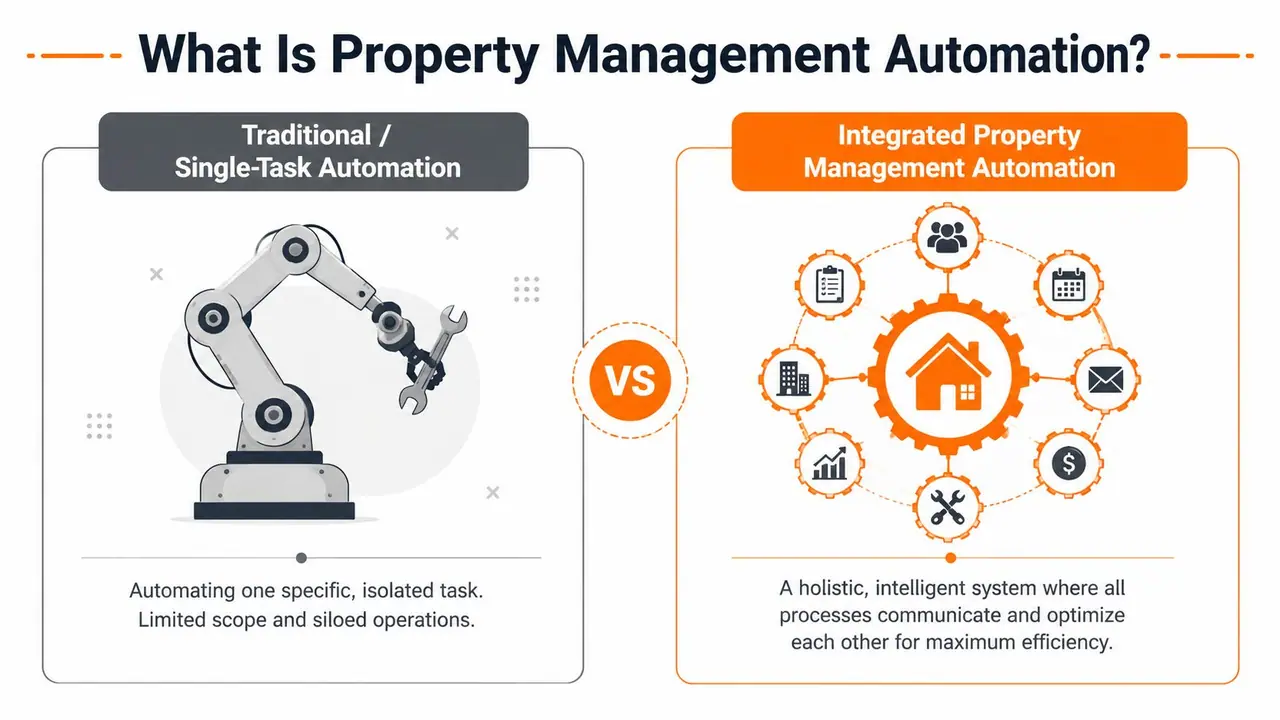 A comparison graphic showing traditional single-task automation against integrated property management automation systems.