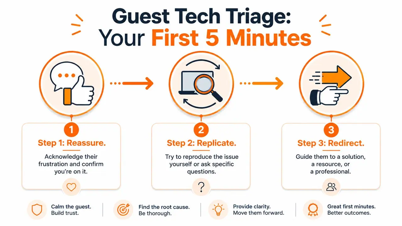 An infographic titled Guest Tech Triage: Your First 5 Minutes, outlining three steps for resolving technical issues.