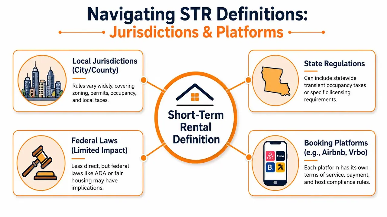 An infographic showing the four key factors influencing short-term rental definitions: local jurisdictions, state regulations, federal laws, and platforms.