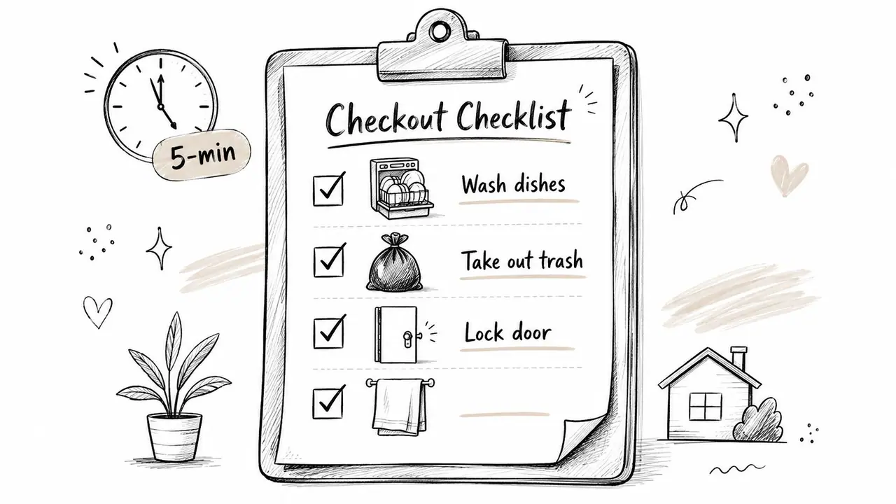 A hand-drawn clipboard titled Checkout Checklist featuring tasks like washing dishes, taking out trash, and locking doors.