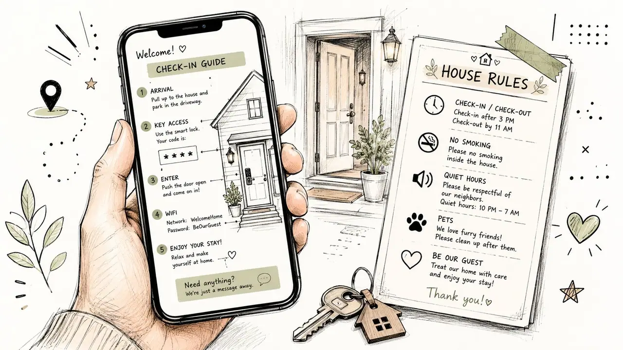 Una mano che regge uno smartphone con le istruzioni di check-in vicino a una guida alle regole della casa.