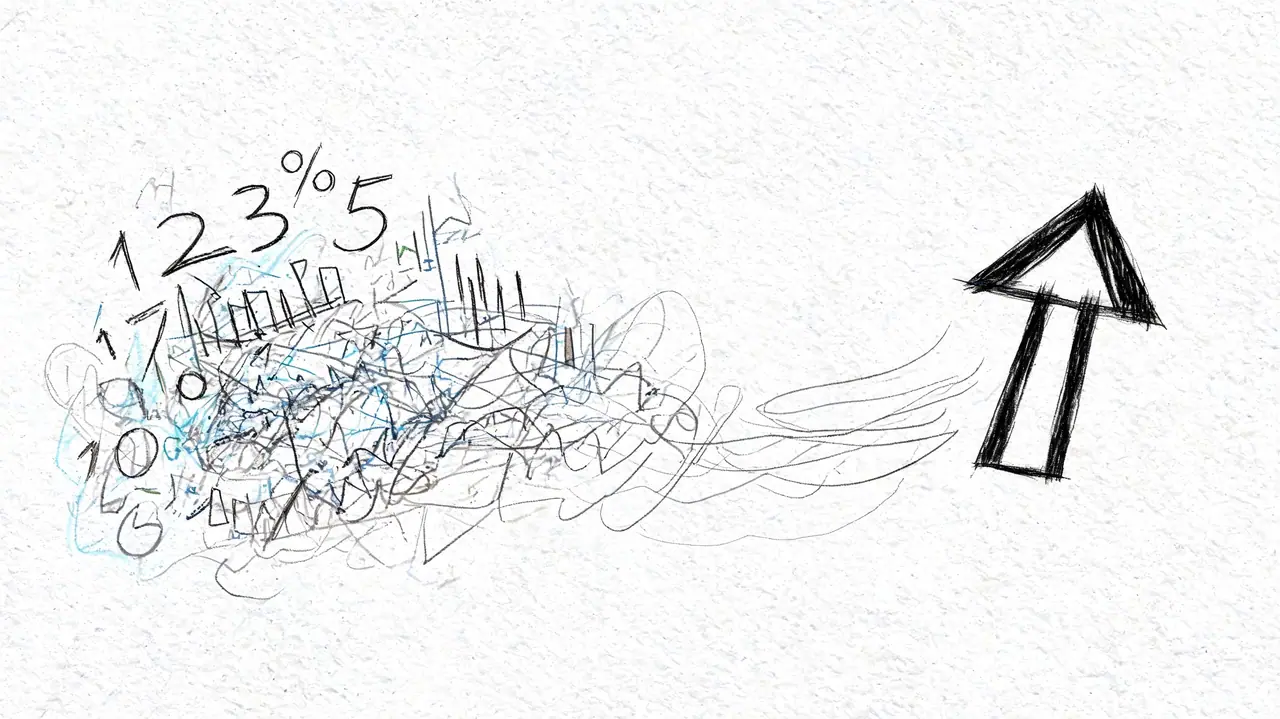 A hand-drawn sketch of messy data points and numbers transforming into an upward pointing trend arrow.