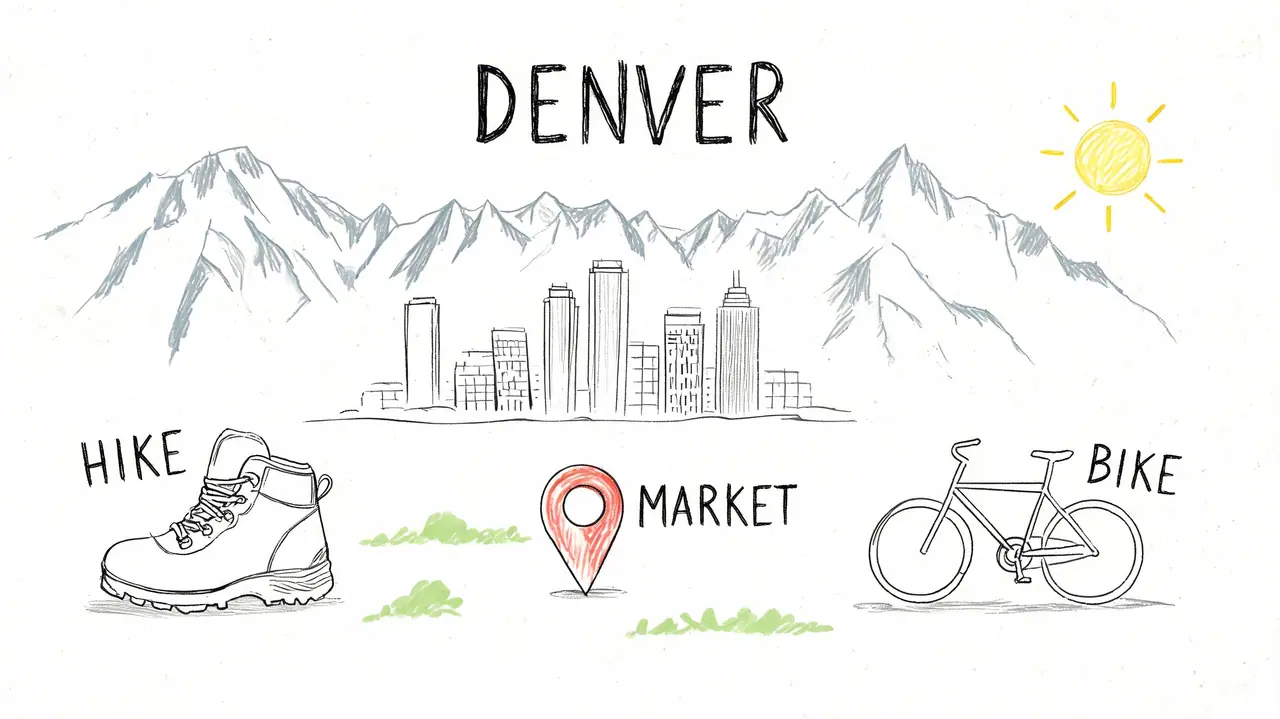 A whimsical hand-drawn illustration depicting Denver with mountain scenery, a city skyline, hiking, and biking icons.