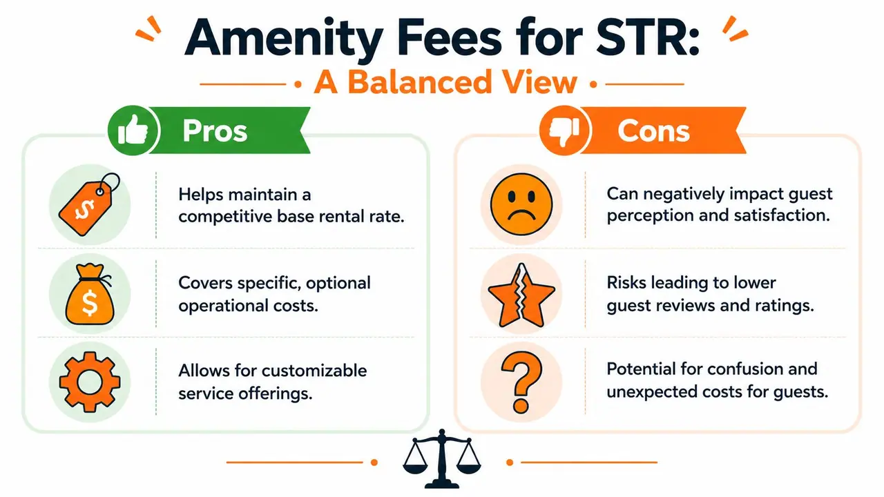 An infographic titled Amenity Fees for STR comparing the pros and cons of charging guests extra fees.