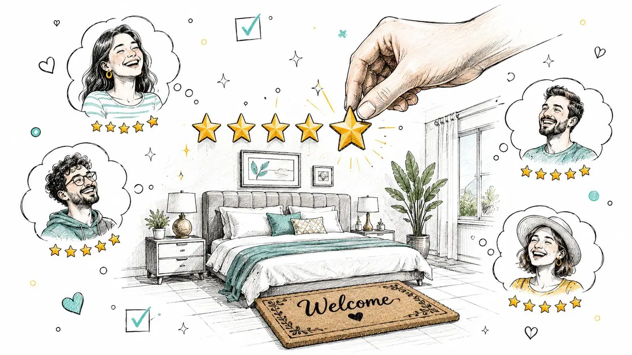 Une main attribuant une note de cinq étoiles au-dessus d'une chambre accueillante avec des bulles de pensée de voyageurs satisfaits.