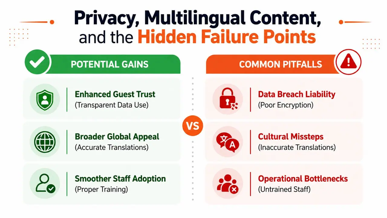 Tabela comparativa mostrando benefícios potenciais versus armadilhas comuns na privacidade e gestão de conteúdo multilingue para hotelaria.