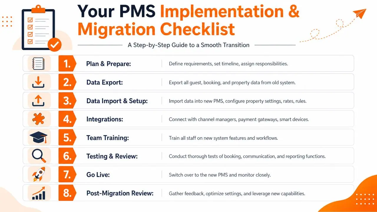An eight-step checklist for smooth property management system implementation and data migration for hospitality businesses.