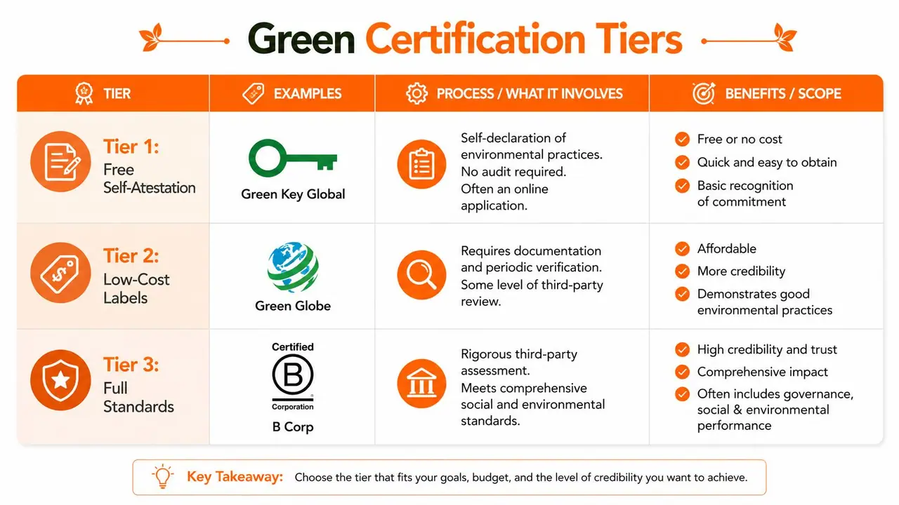Un grafico che illustra i tre livelli di certificazione verde per le aziende, inclusi esempi, processi e benefici.
