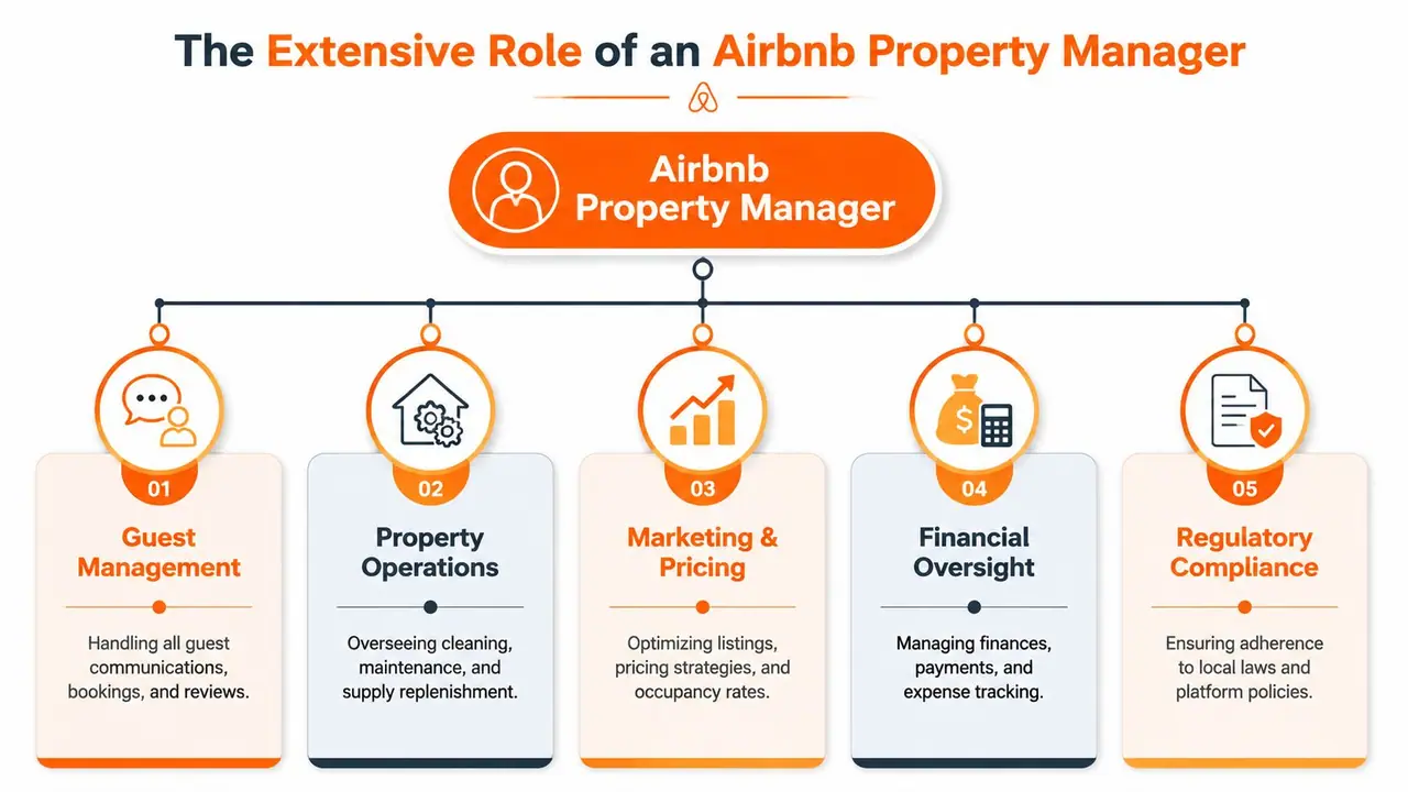 An infographic titled The Extensive Role of an Airbnb Property Manager outlining five core professional responsibilities.