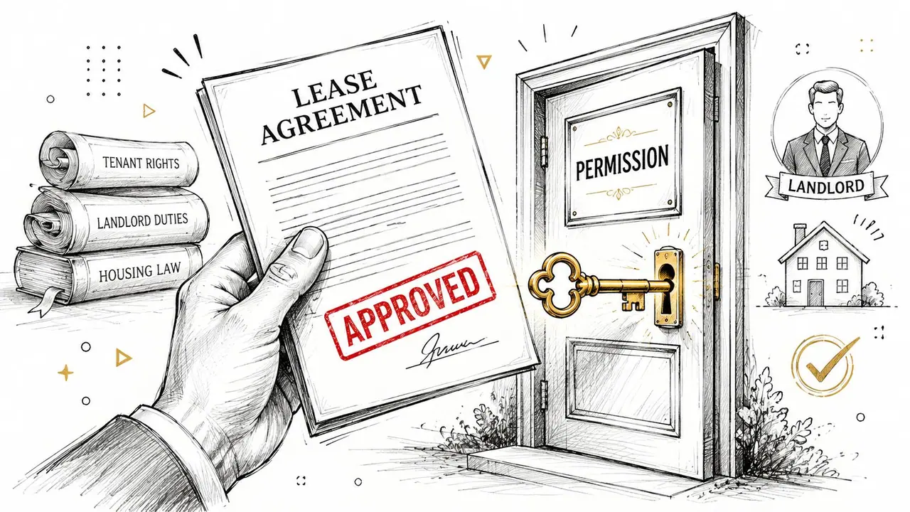 Une main tient un contrat de bail approuvé près d'une porte ouverte avec une clé dorée symbolisant l'autorisation.