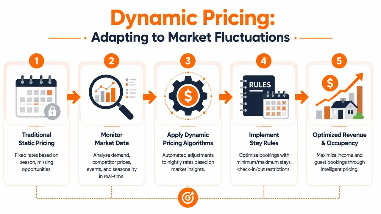 A five-step infographic showing how dynamic pricing strategies optimize vacation rental revenue and occupancy rates.