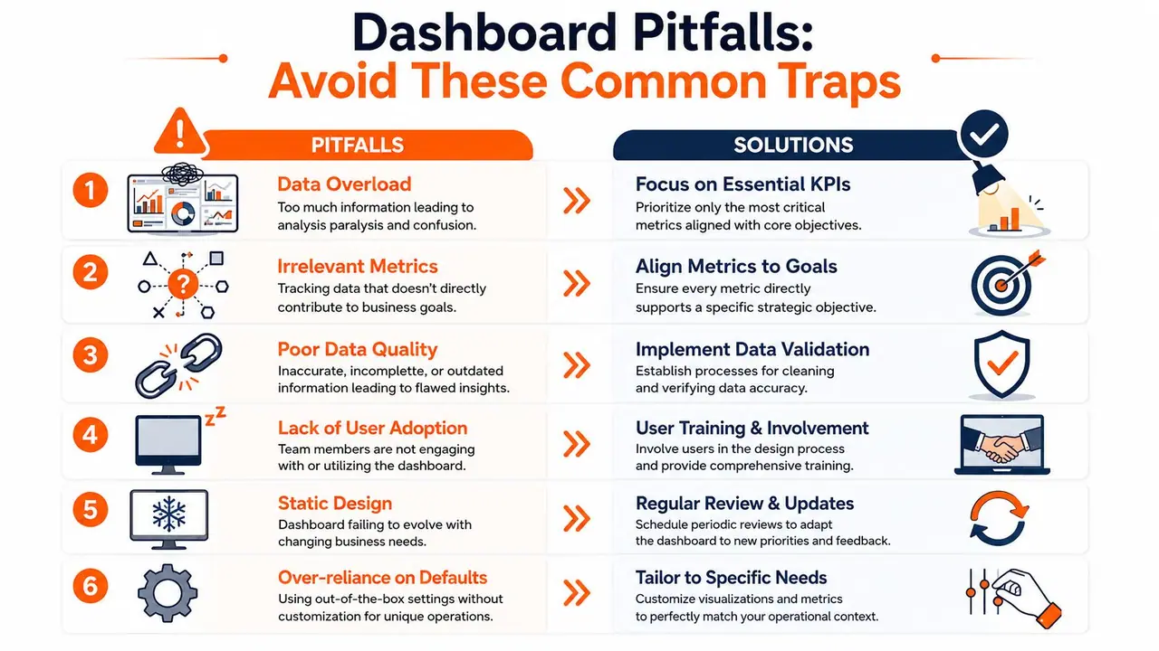 A list of six common dashboard design pitfalls paired with effective solutions to improve data visualization strategies.