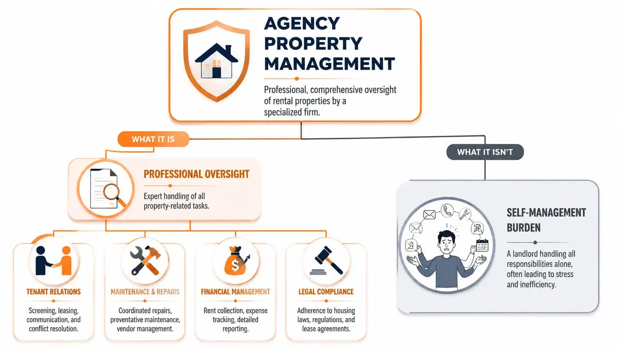 An infographic comparing the benefits of agency property management versus the stress of self-management for rental property owners.