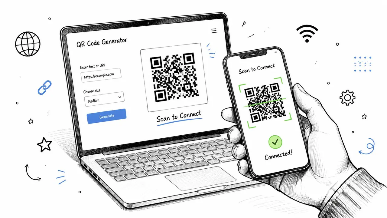 Una mano che regge uno smartphone per scansionare un codice QR sullo schermo di un laptop per la connettività WiFi.