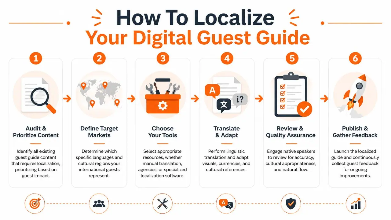A six-step infographic guide illustrating the process of localizing digital guest content for international audiences.
