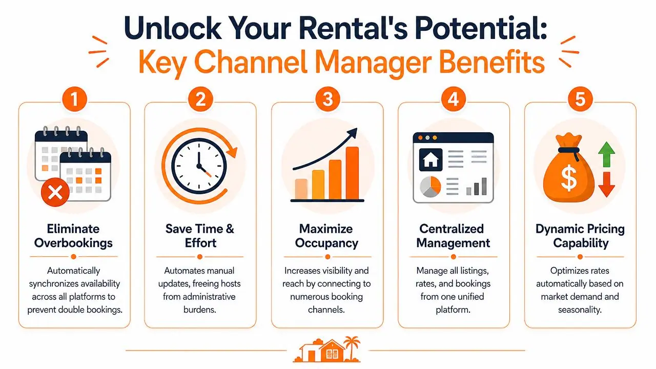 An infographic detailing five key benefits of using a vacation rental channel manager for property owners.