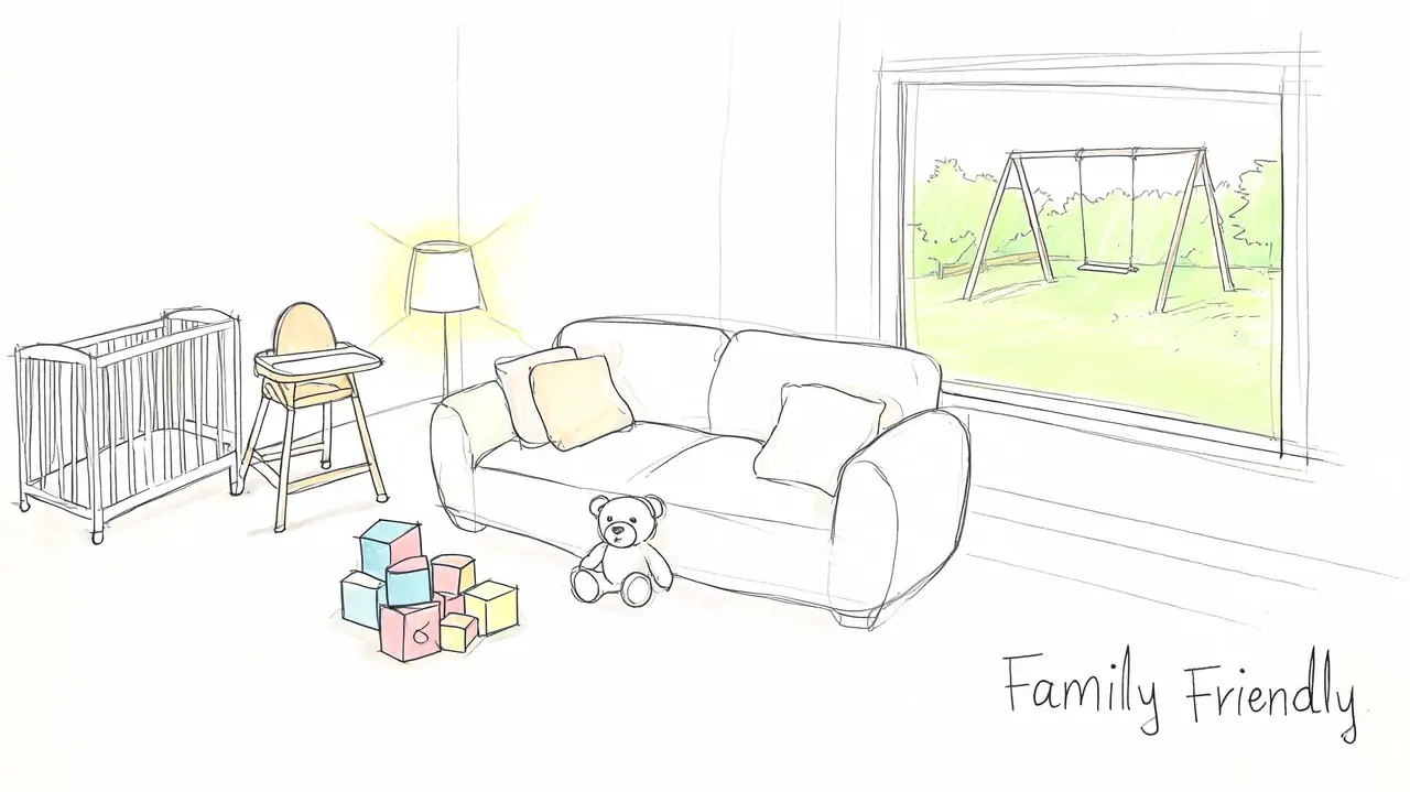 A hand-drawn illustration of a cozy, family-friendly living room featuring a crib, sofa, and outdoor swing set.