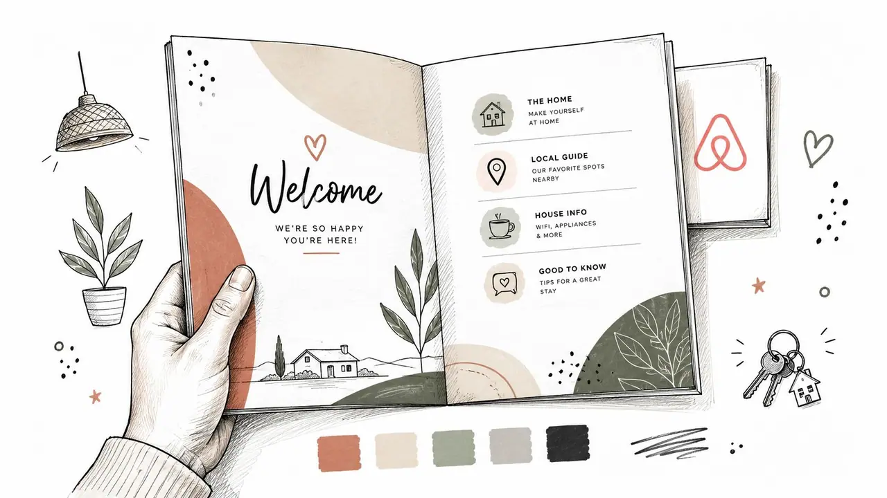 A hand holding an illustrated Airbnb welcome booklet featuring sections for house information and local guides.
