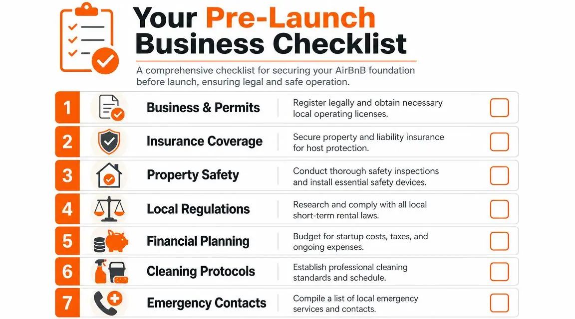 A comprehensive seven-step pre-launch checklist for starting an Airbnb business to ensure legal and safe operations.