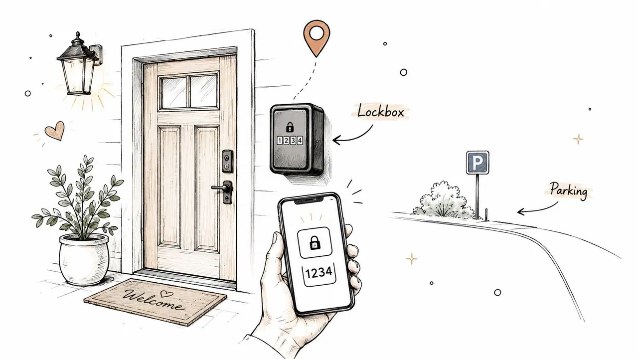 Uma mão a segurar um smartphone mostrando um código de caixa de segurança ao lado de uma entrada de casa e sinal de estacionamento.