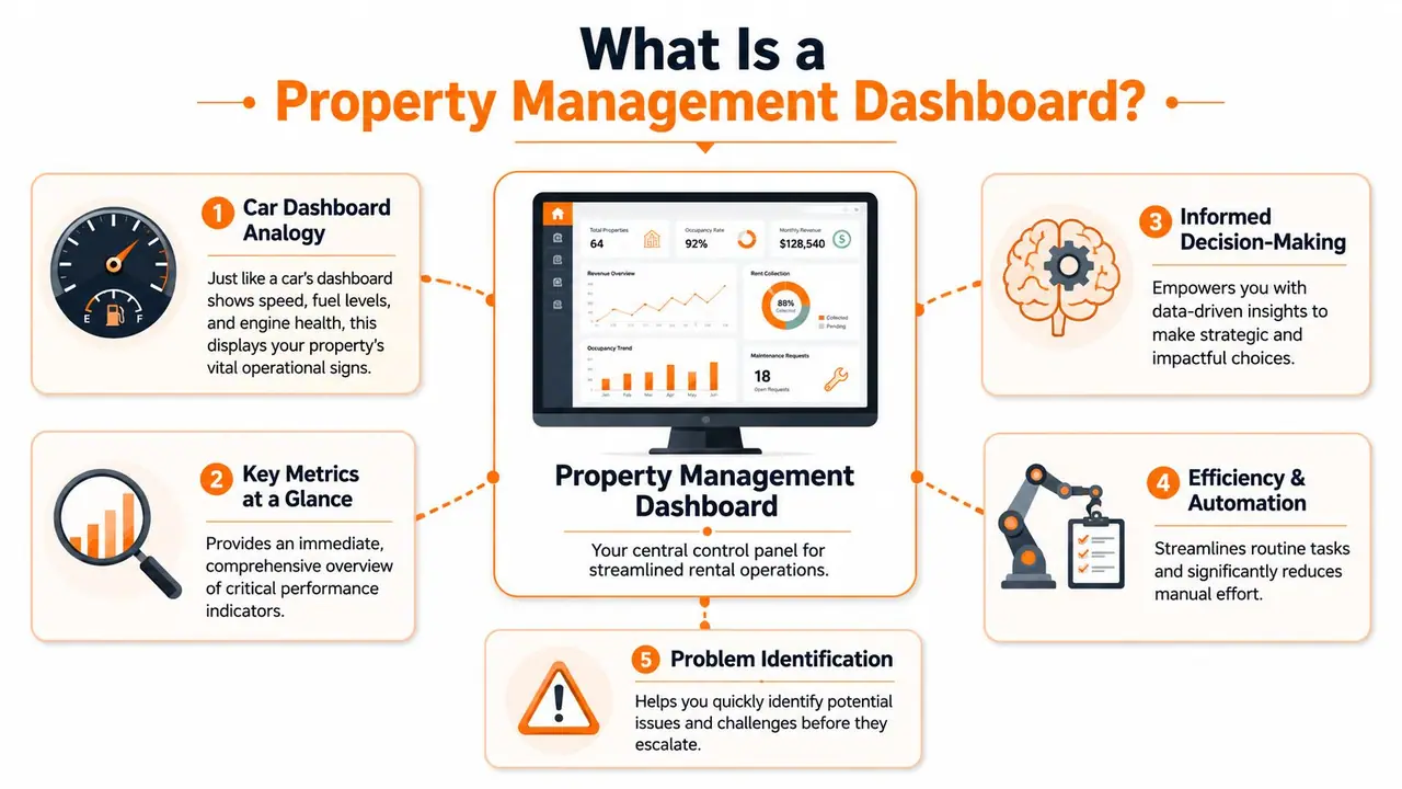 A diagram illustrating the key benefits and features of a property management dashboard for rental operations.