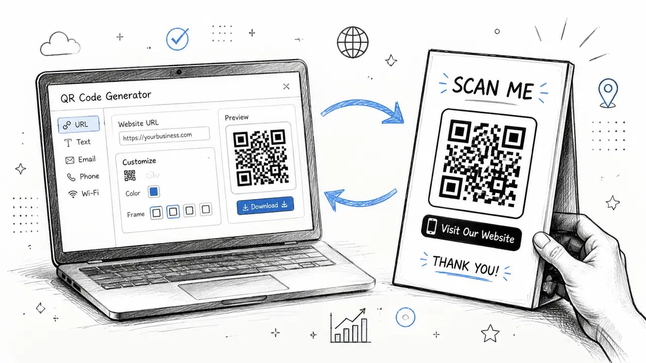 A laptop displays a QR code generator, while a hand holds a printed sign featuring a QR code.