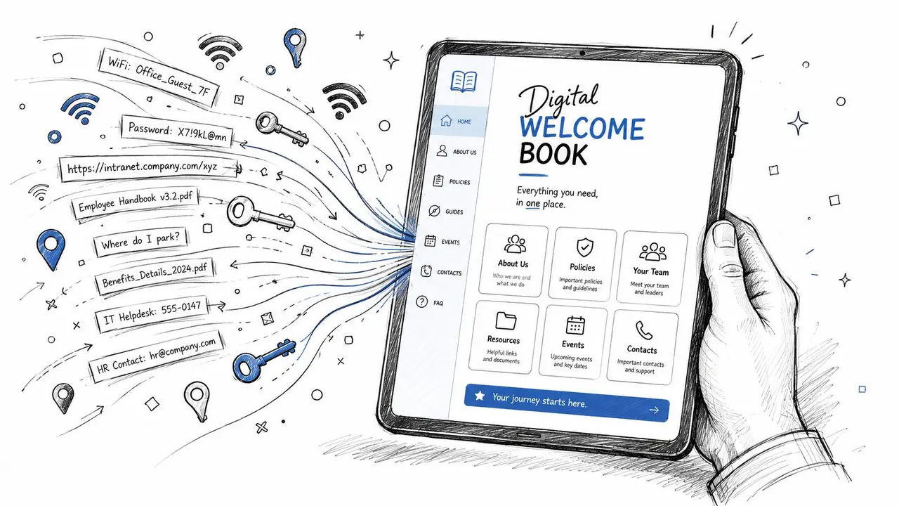 A hand holding a digital tablet displaying a welcome book with various office resources and icons.