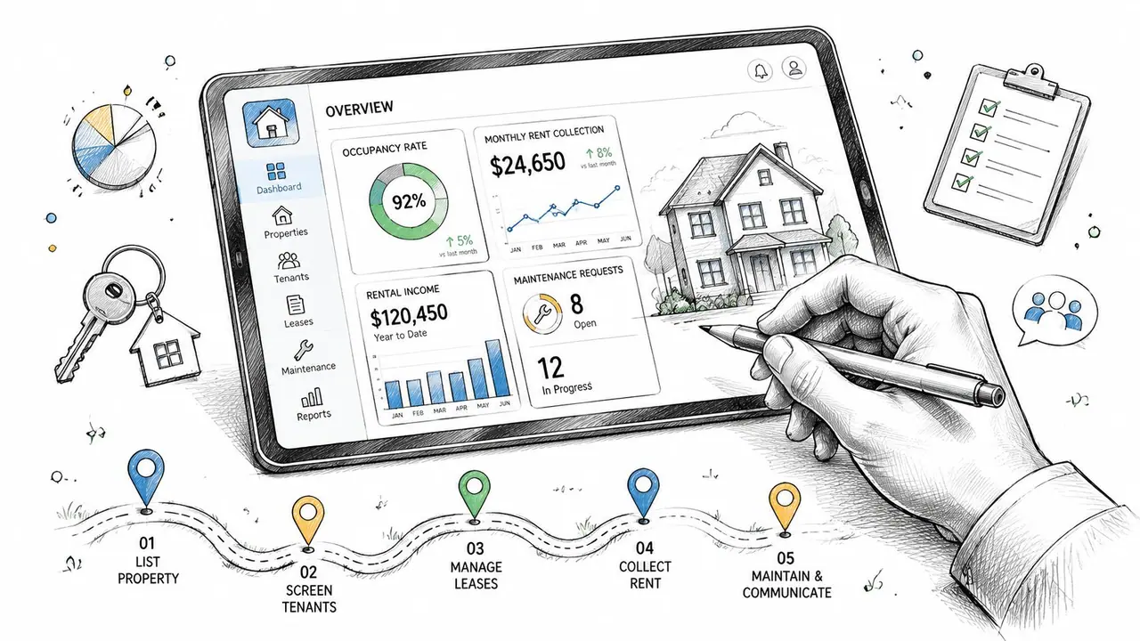 A hand drawing a property management dashboard on a tablet with real estate analytics and milestones.