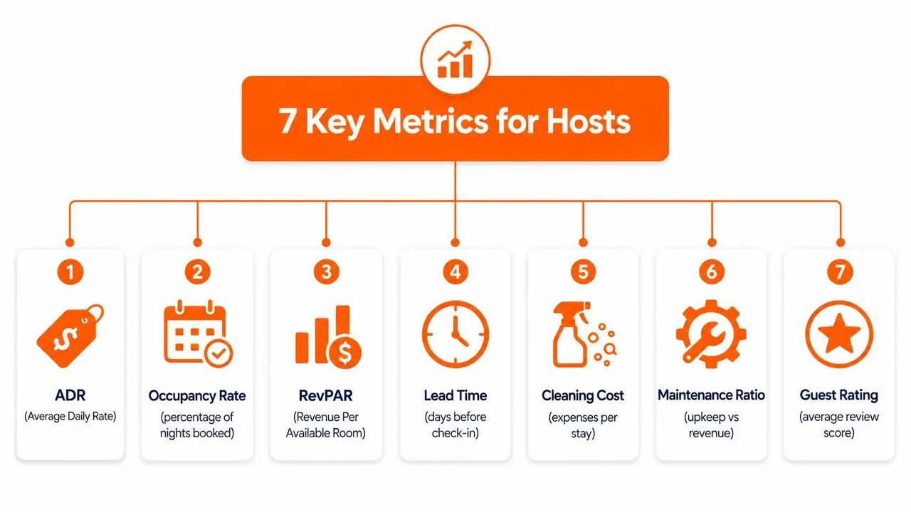 An infographic showing seven key performance metrics for vacation rental hosts, including ADR, occupancy rate, and guest rating.