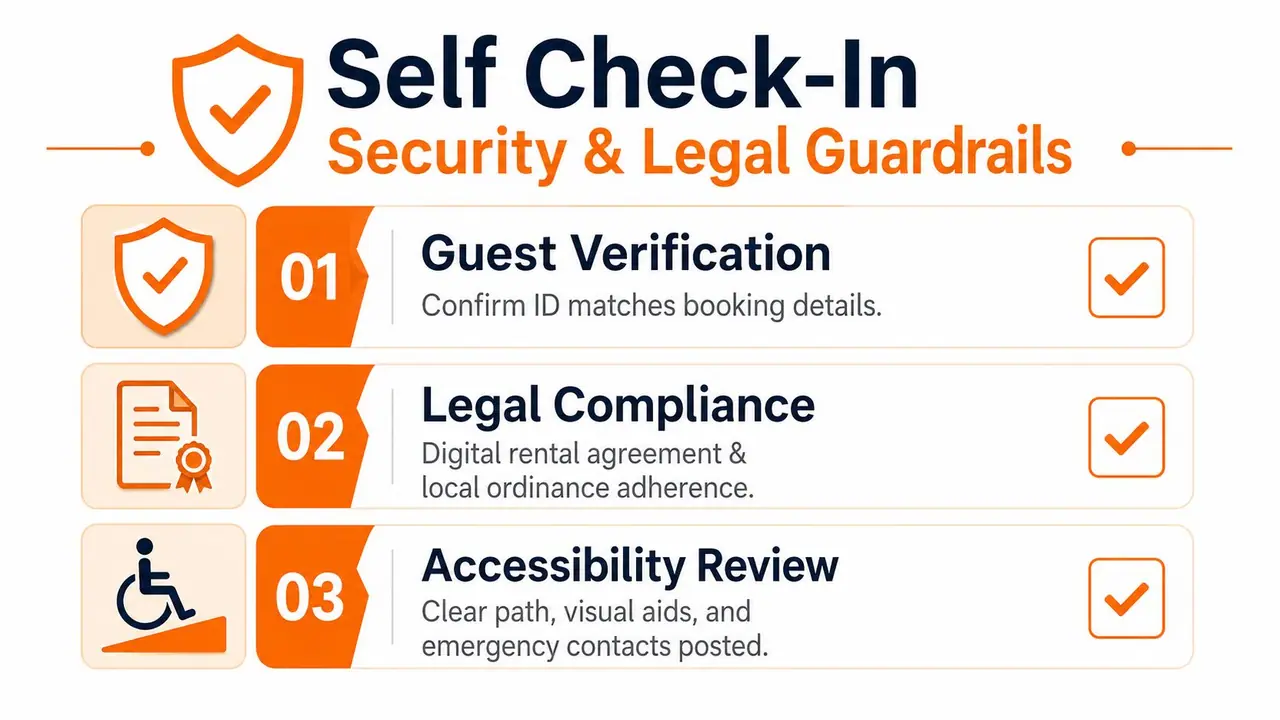 Un'infografica di controllo con titolo Sicurezza e Aspetti Legali nel Self Check-In.