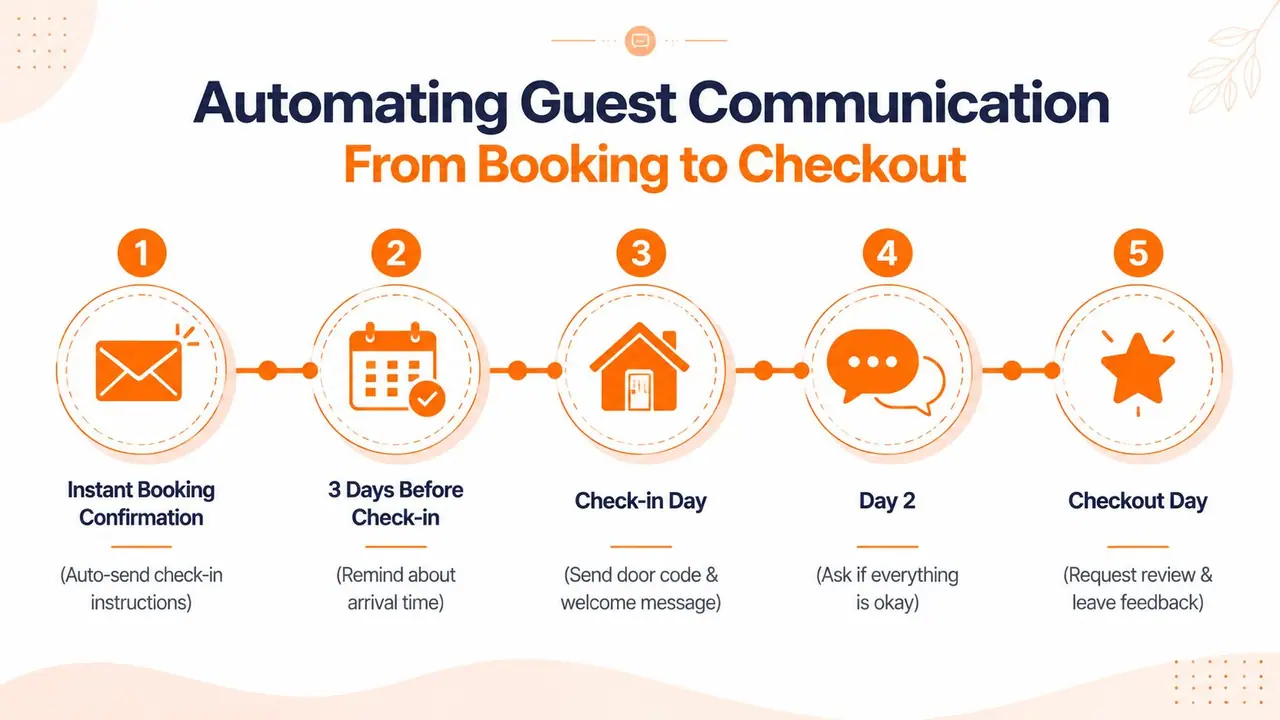 A five-step infographic showing the automated guest communication process for vacation rentals from booking to checkout.
