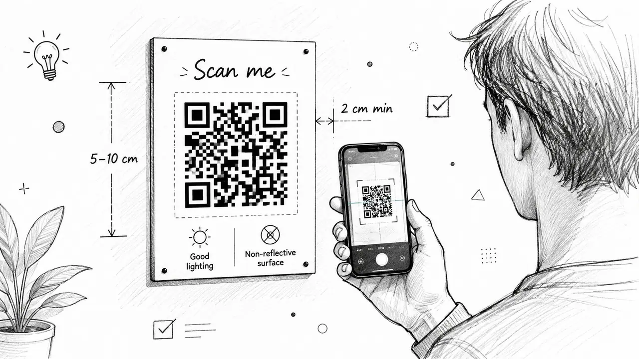 A pencil sketch illustrating a person using a smartphone to scan a QR code mounted on a wall.