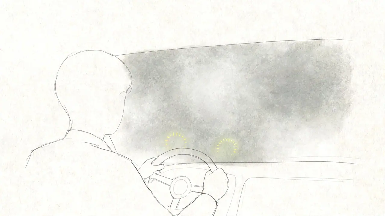 A minimalist sketch of a person driving a car through a hazy or foggy environment.
