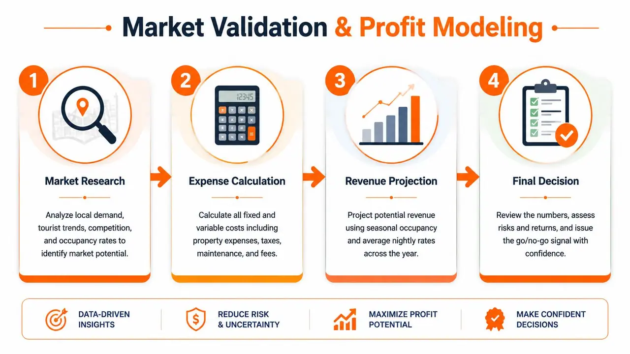 A four-step infographic illustrating the process of market validation and profit modeling for vacation rental investments.