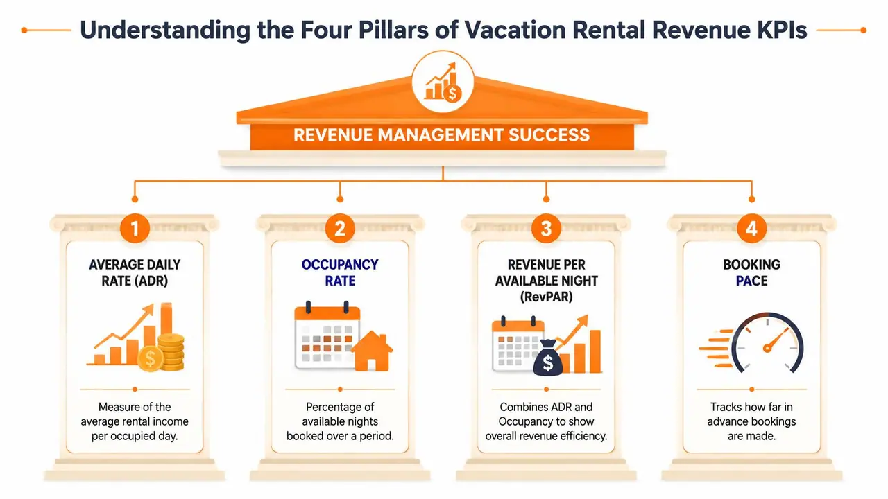 An infographic showing the four essential pillars for managing vacation rental revenue: ADR, Occupancy, RevPAR, and Booking Pace.
