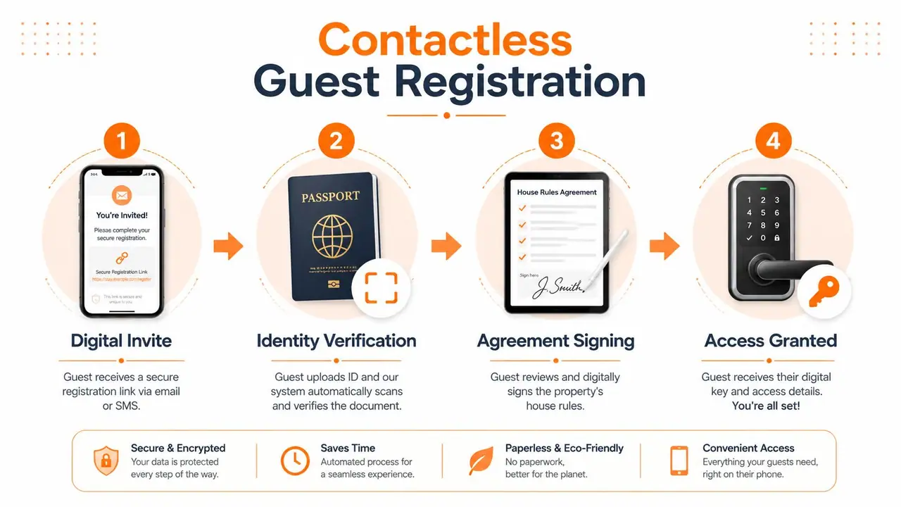 A diagram illustrating the four steps of a contactless guest registration process for properties or hotels.