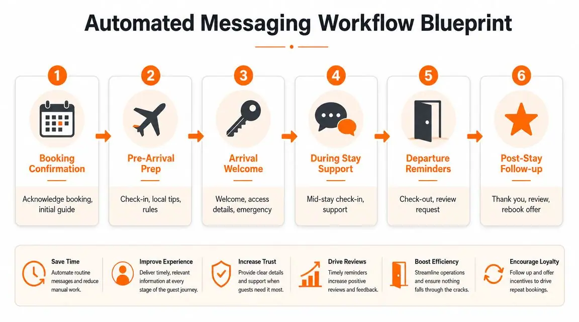 A flowchart showing a six-step automated messaging workflow blueprint for managing guest communication and hospitality operations.