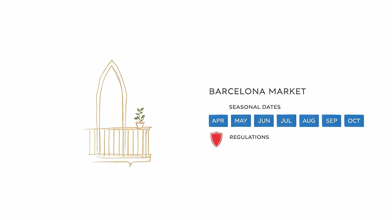 A minimal illustration featuring a balcony with a plant next to a Barcelona Market seasonal calendar.