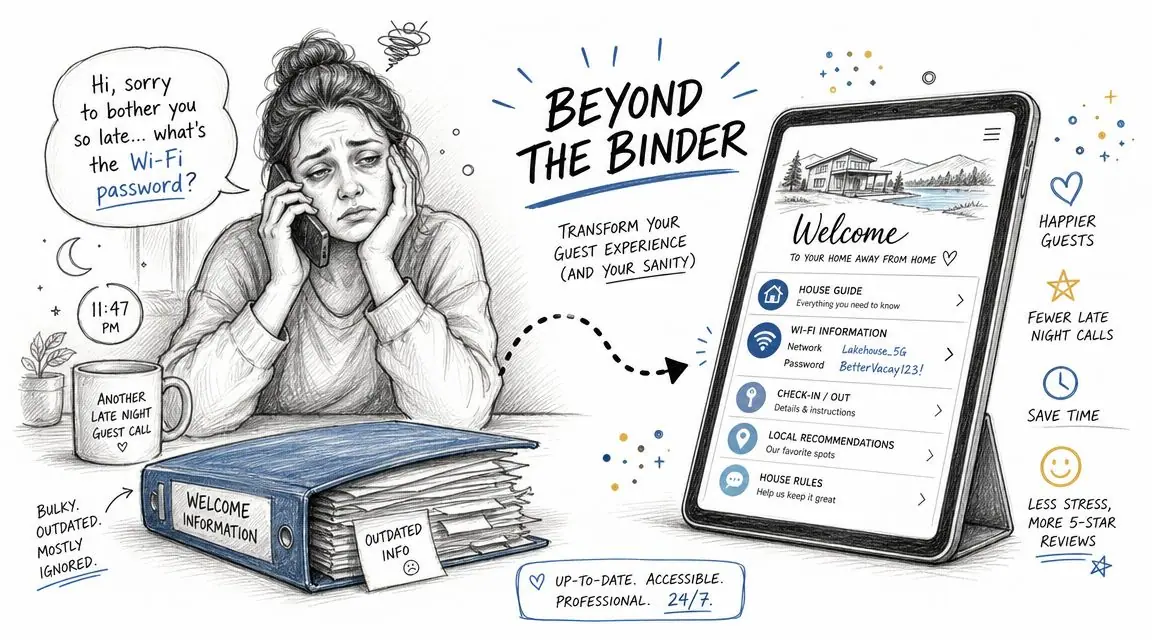 A split comparison showing a stressed host with an outdated binder versus a digital guest guidebook.