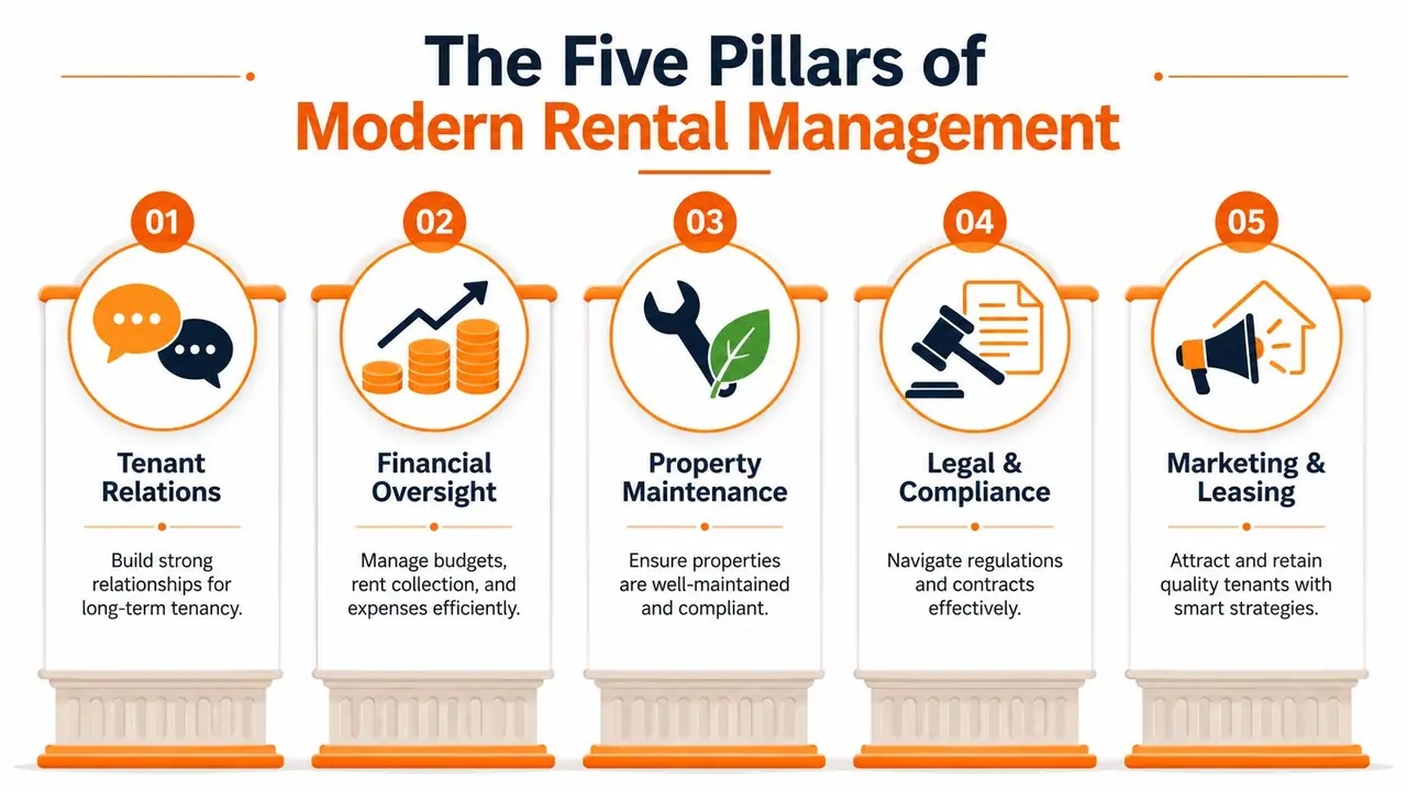 An infographic showing the five pillars of modern rental management including tenant relations, financial oversight, maintenance, compliance, and leasing.