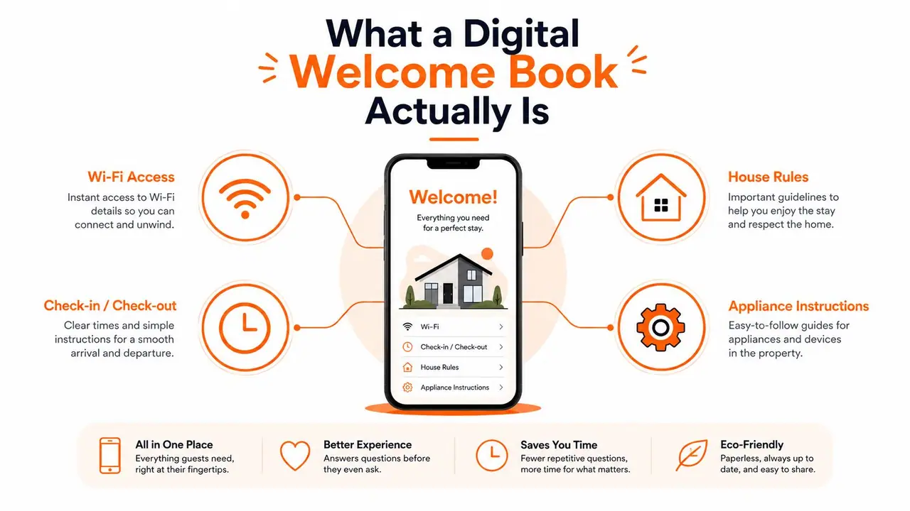 Ilustración de un libro de bienvenida digital en la pantalla de un smartphone.