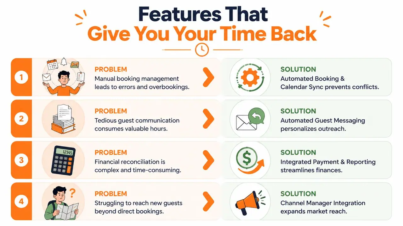 An infographic detailing four common hospitality management problems and their corresponding automated digital software solutions.