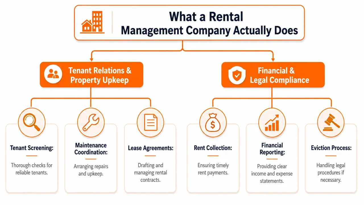 An organizational chart showing the core responsibilities of a rental management company including tenant relations and financial compliance.