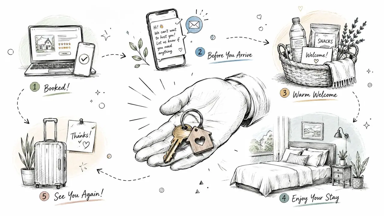 Una ilustración hecha a mano que representa el paso a paso del recorrido del huésped en el proceso de reserva y hospitalidad en Airbnb.