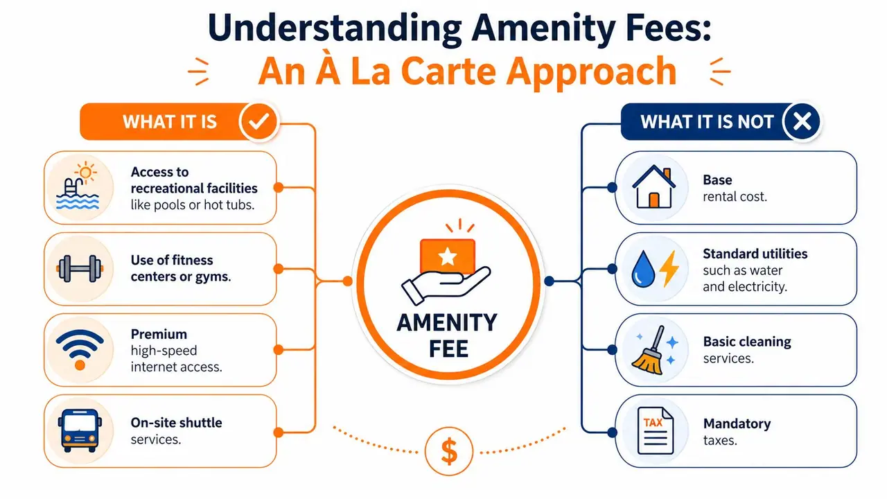 An infographic titled Understanding Amenity Fees explaining what amenities are and are not covered by these fees.