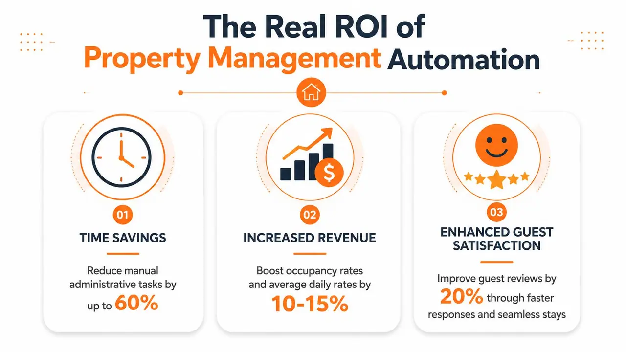 An infographic detailing the benefits of property management automation, highlighting time savings, revenue growth, and enhanced guest satisfaction.