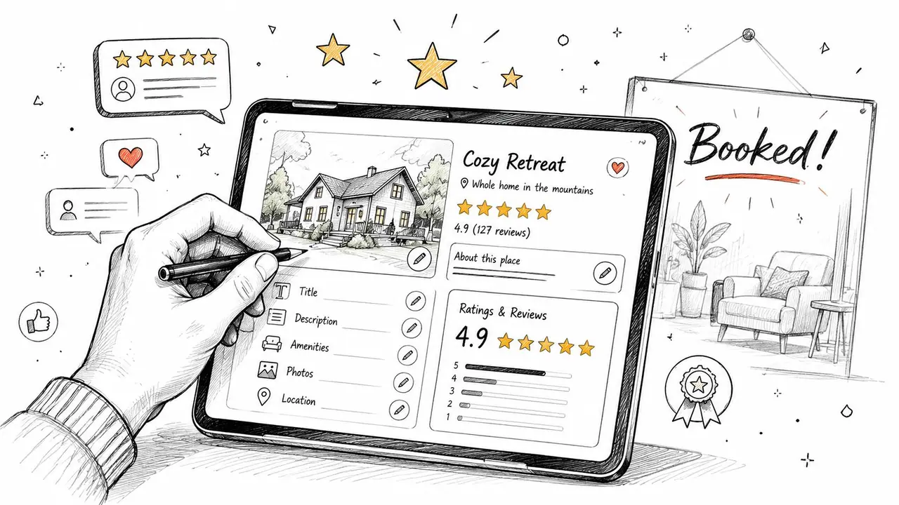 A hand using a digital pen to design a Cozy Retreat vacation rental listing on a tablet.