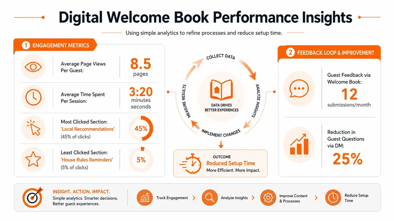 An infographic titled Digital Welcome Book Performance Insights showing engagement metrics, feedback loops, and setup time reduction strategies.