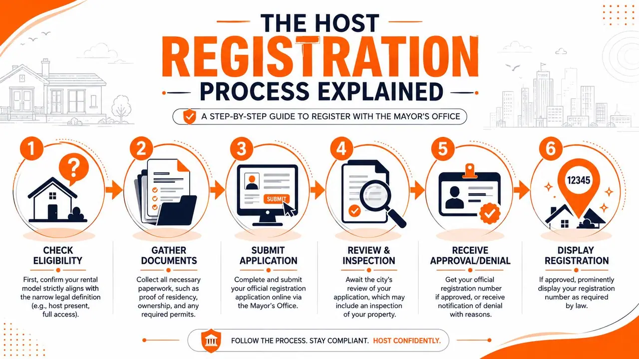 A six-step infographic explaining the official host registration process for short-term rental property owners.